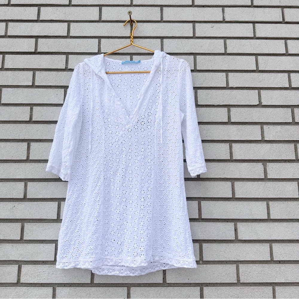 Solitaire Swim White Eyelet Hooded Coverup Cotton Lace Boho M Coastal Beach